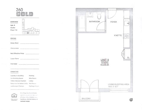 A floor plan and details for a studio apartment at 260 GOLD.
